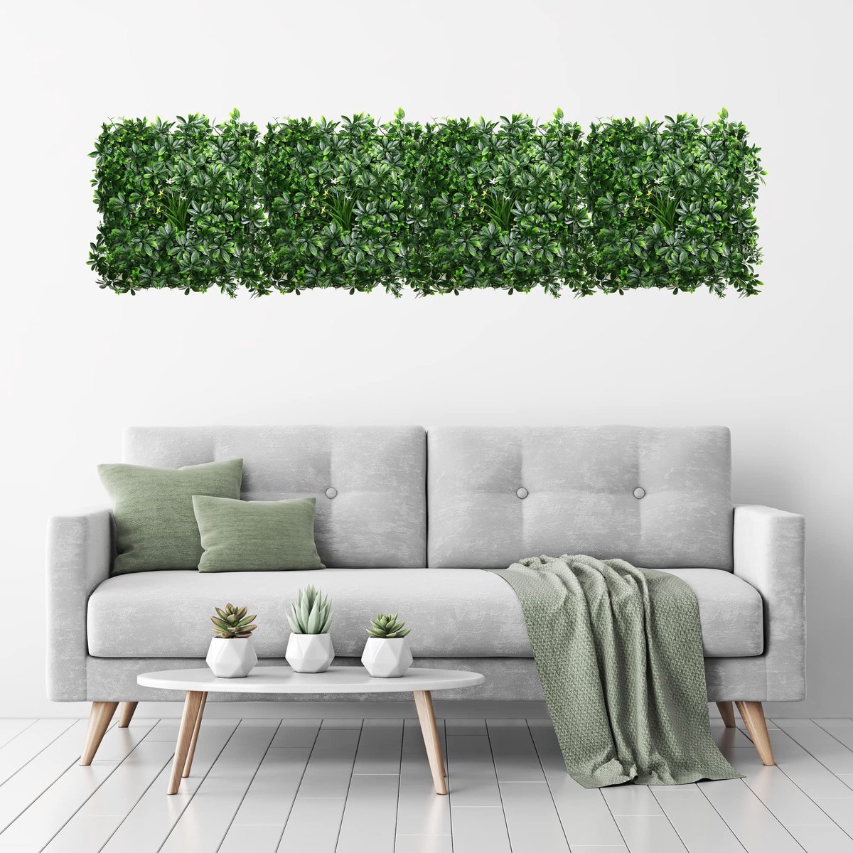 Set van 4 kunstmatige wandtegels voor binnen/buiten | UV-bescherming | 50x50cm | Living Wall Fence Interieur Woondecoratie | Home Salon Business Wall Screening | Decoratieve planten (groot blad)