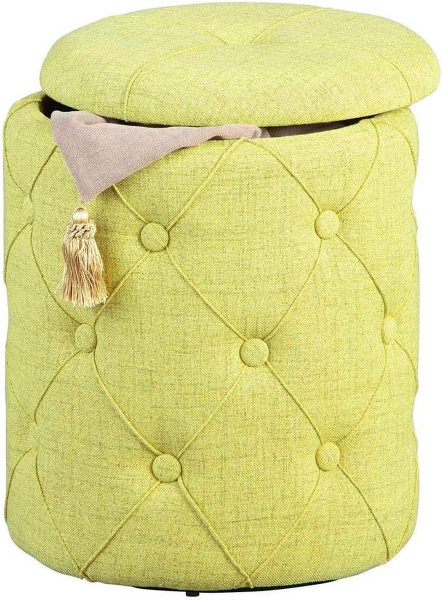 Opberg Poef - Zetel Voetenbank - Extra Zitmogelijkheid - Gele Quiltstof - 34 x 34 x 40 cm - Geel