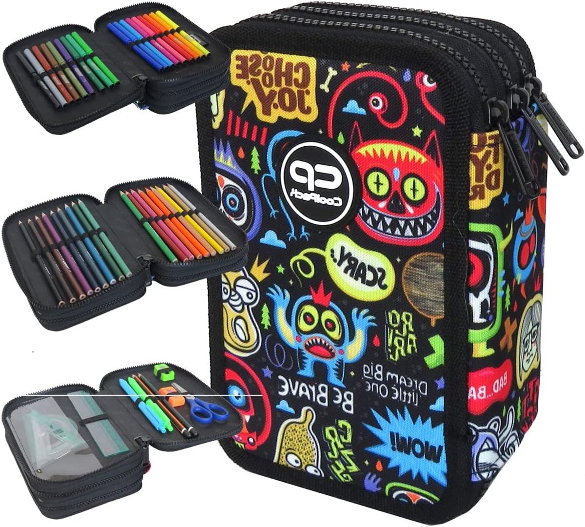 Etui met Rits - Pennendoos Pennenhouder - Schoolspullen Organiseren - Drie Vakken - 19.5 x 12.5 x 6.5 cm - Meerkleurig