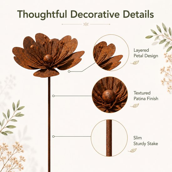 Piquet de Jardin avec Fleurs & Oiseaux - Décoration Rouillée en Métal pour le Jardin - Ensemble de Piquets de Parterre & Piquets de Pot Premium - Décoration de Jardin Patinée Durable pour le Printemps & l'Été - 15x66 cm - Brun Rouille