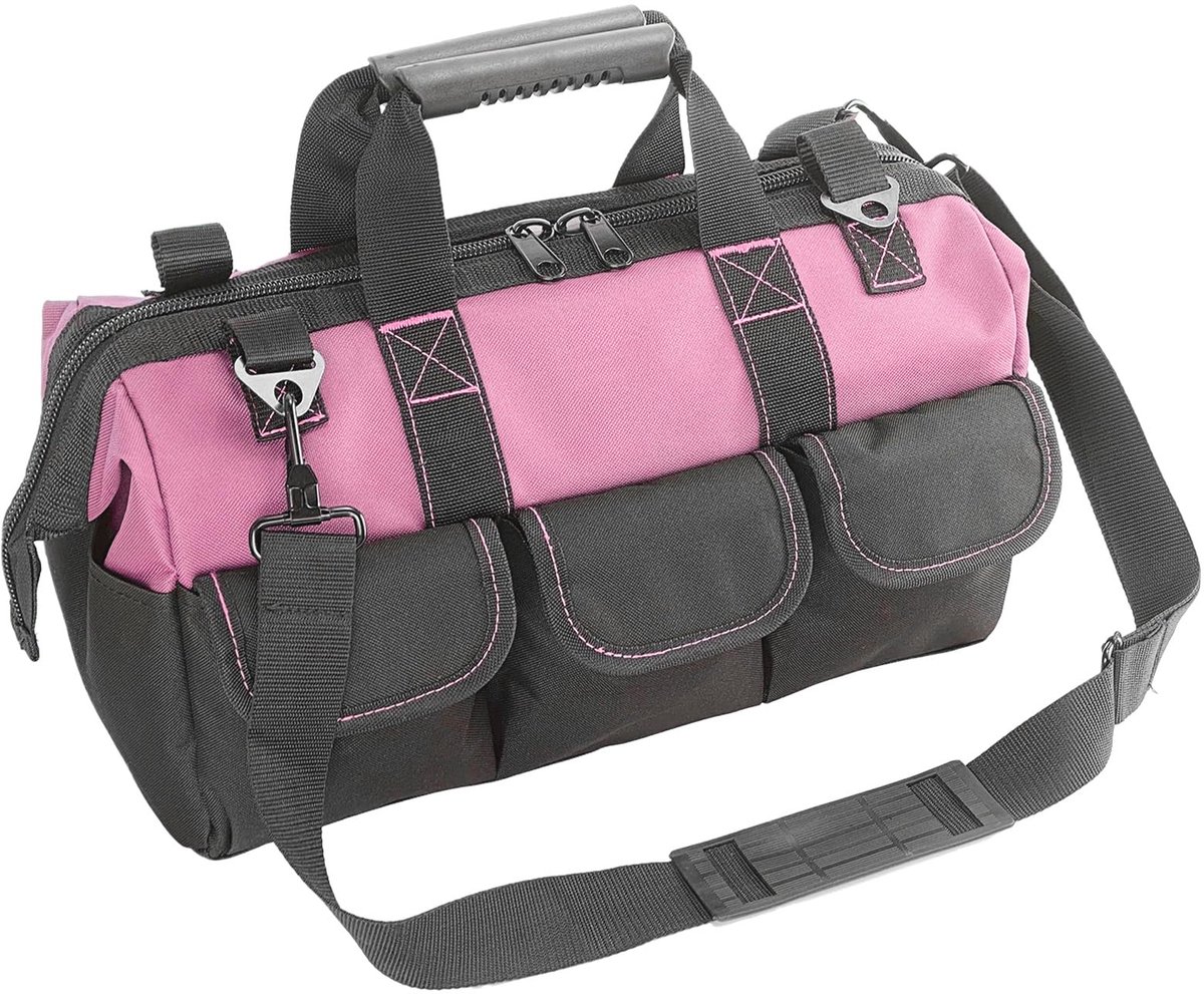 SnelShoppen - Tuingereedschap Tas 16 inch Brede Mond voor Vrouwen en Mannen, Tool Bag met Gegoten Basis, Gewatteerd, Binnenzakken, 600D Polyester, Roz