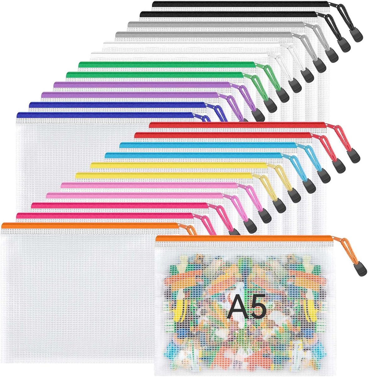 24 Stuks Waterdichte A5 Ritssluitingstassen, 23,5x18cm - Plastic Documentenhoezen met Rits, Stevige & Herbruikbare Opbergzakken, Voor School, Kantoor & Thuis, Transparant met 12 Verschillende Kleuren