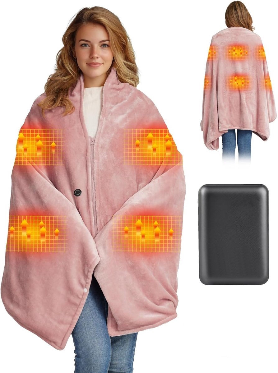 SnelShoppen - Draadloze USB-verwarmingsdeken 160x90 cm Fleece Elektrisch Oplaadbaar 10.000 mAh 3 Warmtestanden Draagbaar Voor Camping Outdoor Auto Kan