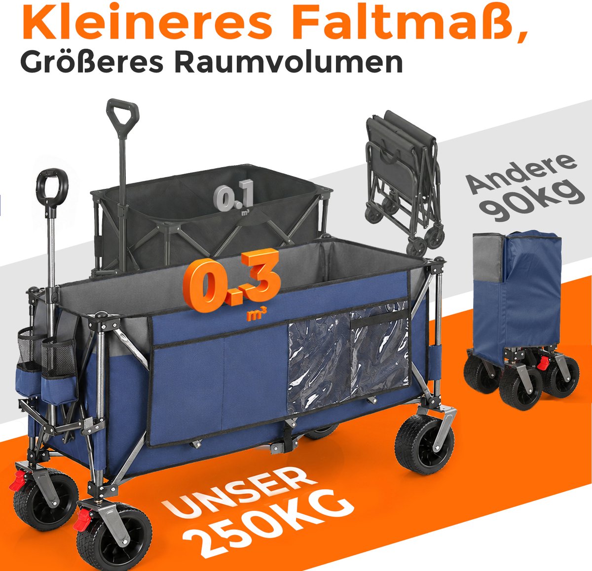 HAUSS SPOLE Tuinkar – Opvouwbaar 300 L 120 x 57,5 x 44 cm – Staal En 600D Oxford – Blauwgrijs – Voor Strand Camping En Boodschappen