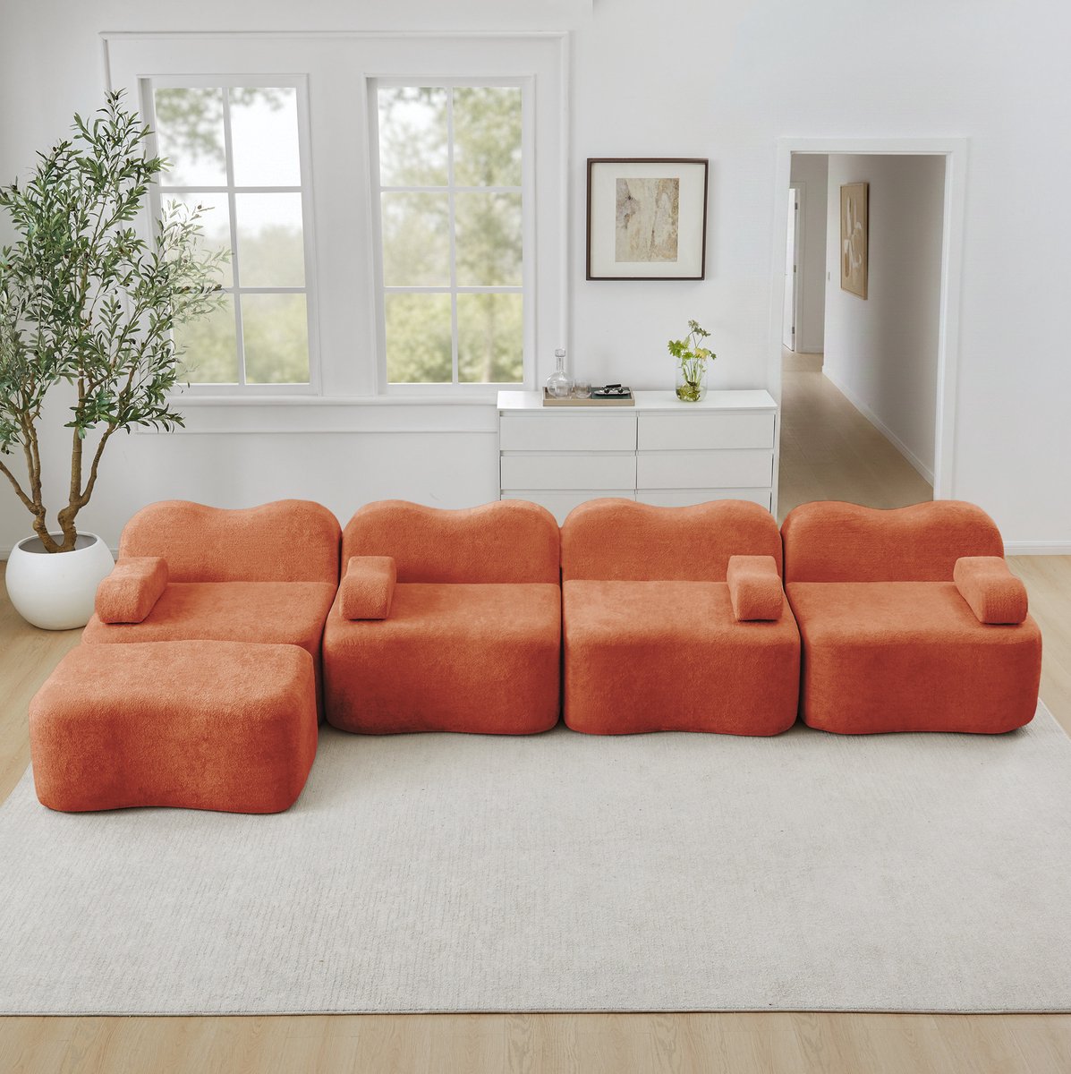 COVREO Hoekbank 384 x 167 x 70 cm - modulair, 4-zits, velvet, oranje, met ottoman