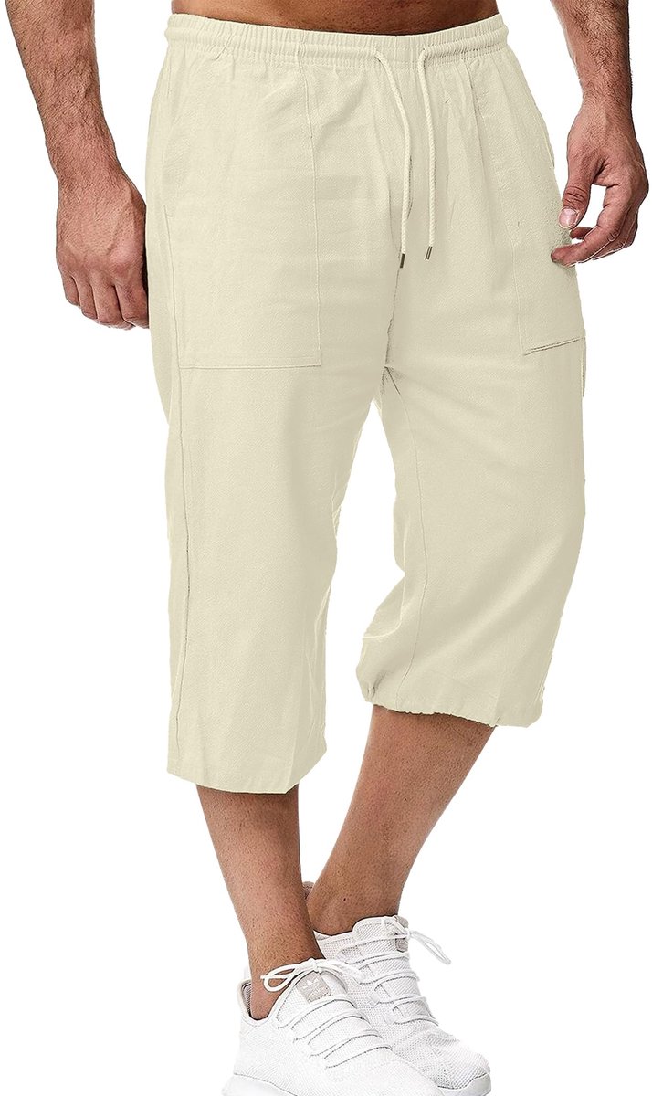 SnelShoppen - LVCBL Linnen Shorts Heren 3/4 Lengte Broeken Beige XL - Zomerbroek, Strand, Yoga, Jogger, Casual Sweatpants