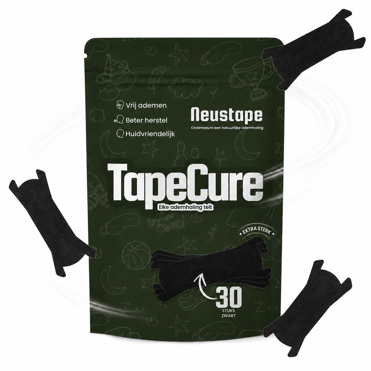 TapeCure Neusstrips - Zwarte Neuspleisters - Anti Snurk Neusspreider tegen Snurken - 30 Stuks - Huidvriendelijk - Extra sterk