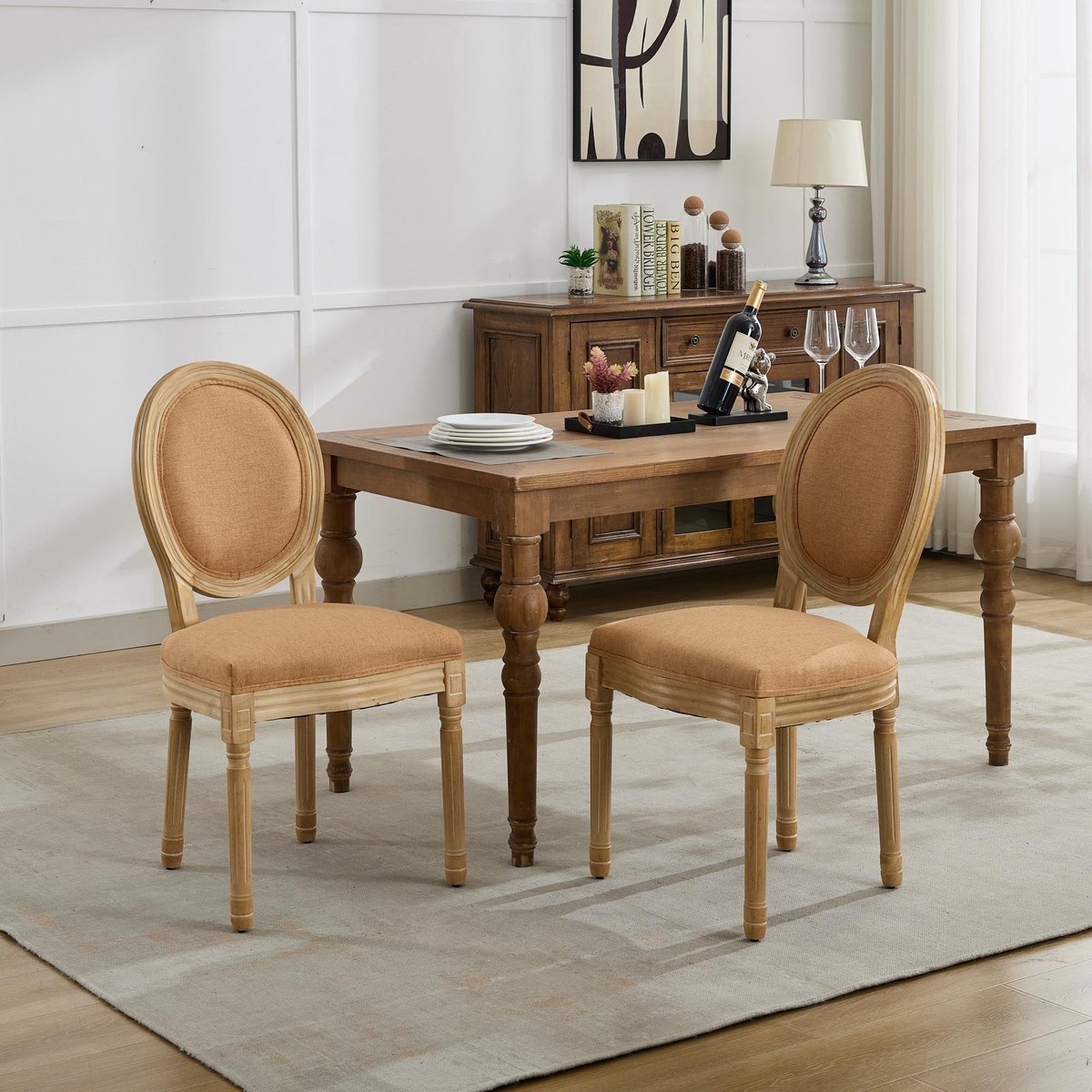 Pugsdrly Eetkamerstoel in Franse stijl met massief houten frame, antieke afwerking, linnen bekleding en rotan rugleuning, set van 2, tan, DE1845TN