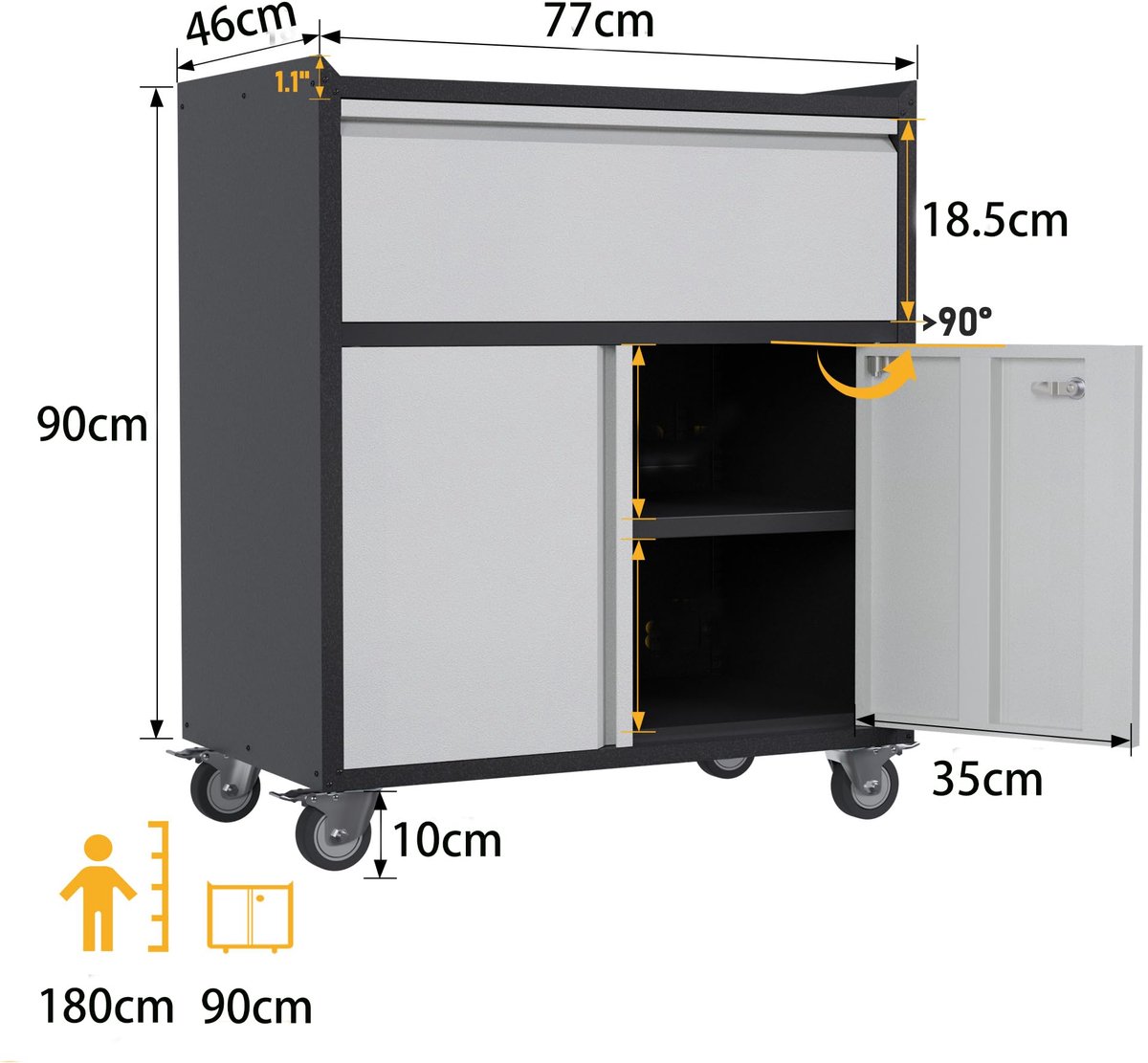 SnelShoppen - Gereedschapskast met Laden | Werkplaatswagen Garagekast met Wielen | 2 Afsluitbare Deuren | Metalen Kast voor Gereedschap en Accessoires