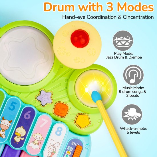 Muzikaal Speelgoed Voor Baby's - 5-In-1 Piano, Keyboard, Xylofoon En Drumstel - Speelgoed Voor Meisjes En Jongens Van 1 Jaar - Muziekinstrumenten Voor Peuters Van 0-2 Jaar - Verjaardagscadeau, Paascadeau, Babyspeelgoed — afbeelding 4