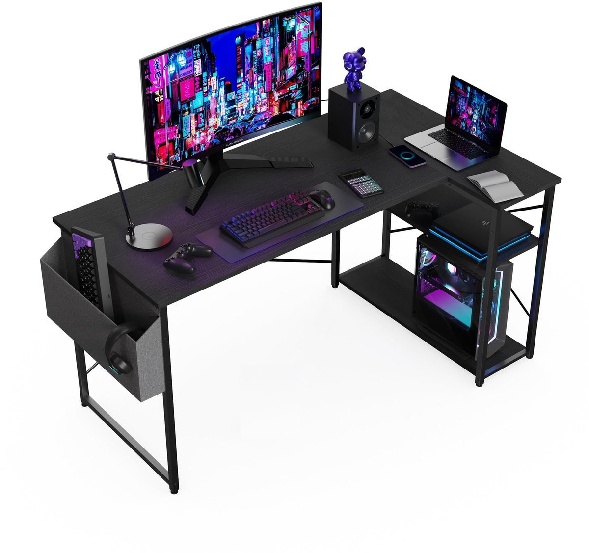 SnelShoppen - L-vormig Hoekbureau 120x70 cm - Computerbureau Gaming Schrijftafel met Omkeerbare Opbergplanken - Boekenplank Werkstation voor Studie, W