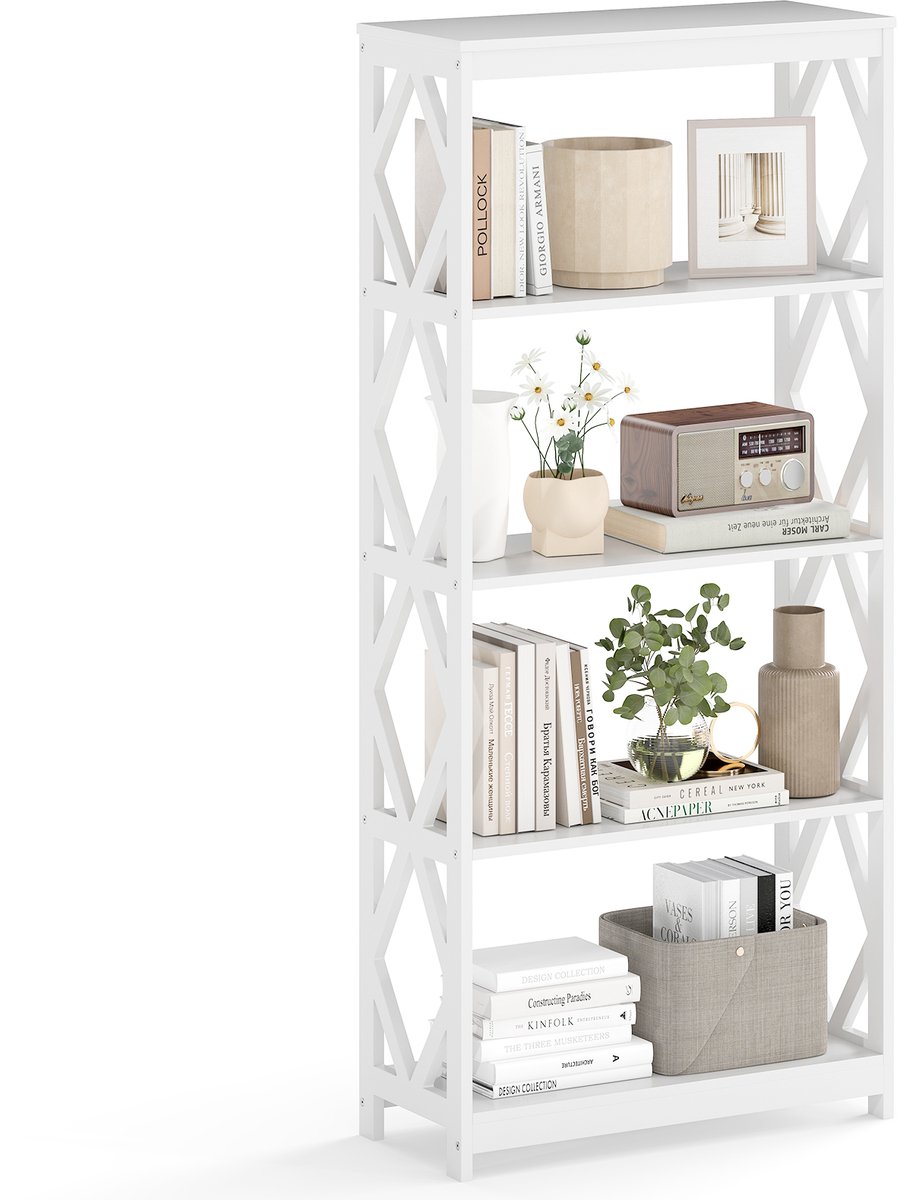 COSTWAY Boekenkast, 5 verdiepingen, open houten rek met ruitvormige structuur, staand rek, wit, vrijstaand opbergrek voor keuken, woonkamer en slaapkamer, 70 x 30 x 155 cm