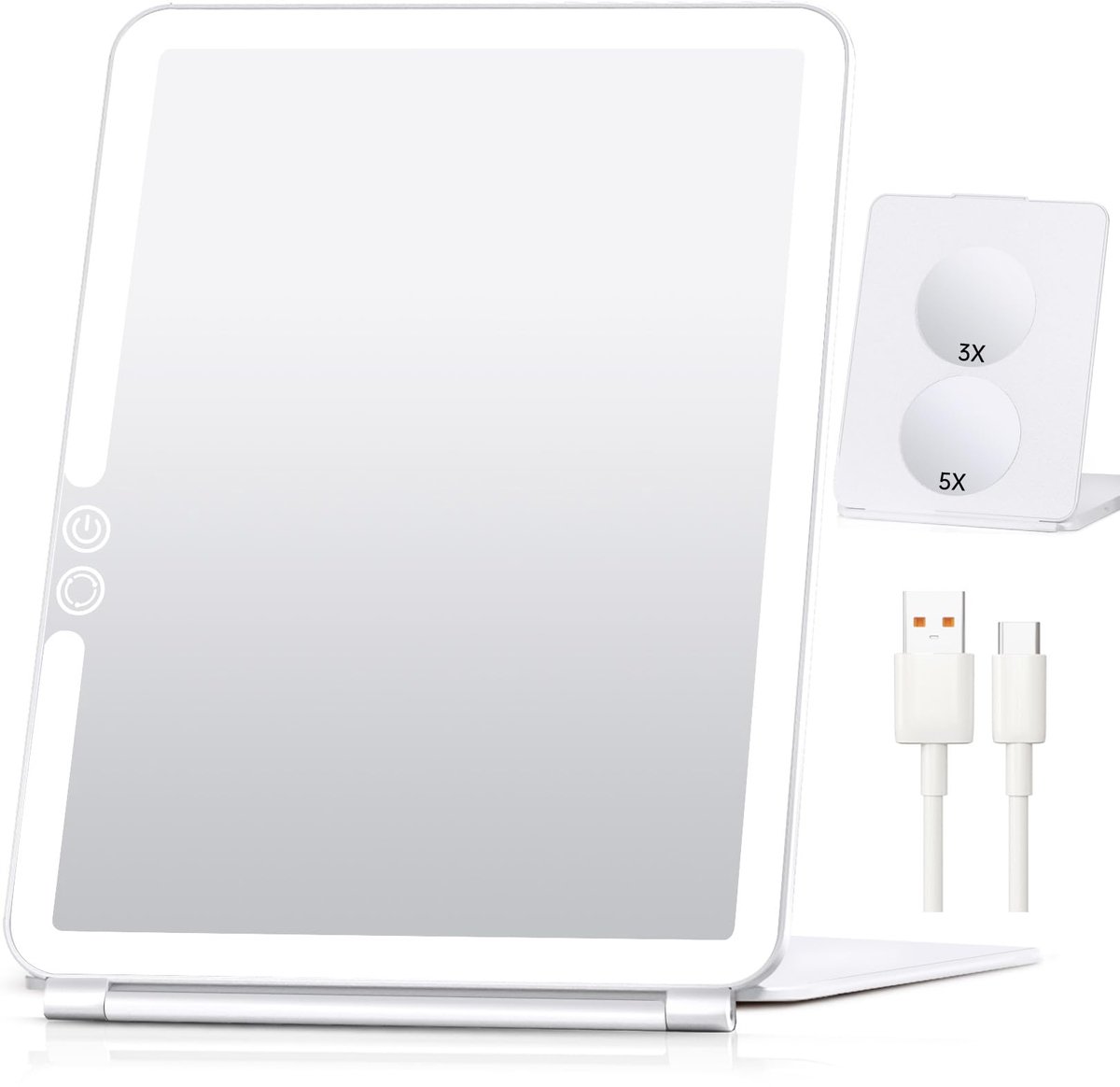 SnelShoppen - Grote Reizen Make-up Spiegel met Lichten en Vergrootglas 5X 3X, Draagbare Opvouwbare Spiegel met 3 Kleuren Licht, 1800mAh, Perfect Cadea