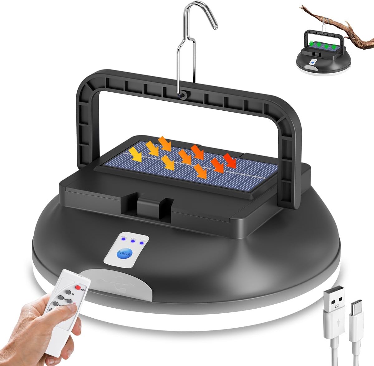SnelShoppen - Solar LED Kampeerlamp met Afstandsbediening - USB Oplaadbare Lantaarn - Ultrahelder 4500 Lumen - 5 Lichtmodi - Zwarte Buitenlamp voor Ca