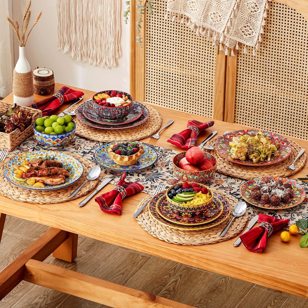 12-delige Porseleinen Serviesset – Bohemian Servies met Dinerborden, Dessertborden & Ontbijtkommen