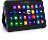 Een zwart ProFPS Nexus Max stream deck met 32 felgekleurde LCD-knoppen die opgaan in een wazige rode achtergrond.