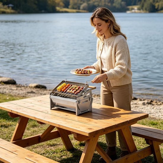 Houtskoolbarbecue - Campinggrill Staal - Buiten Grillen - 360 Graden Rotatie - 16 x 30 x 16 cm - Zilver — afbeelding 5
