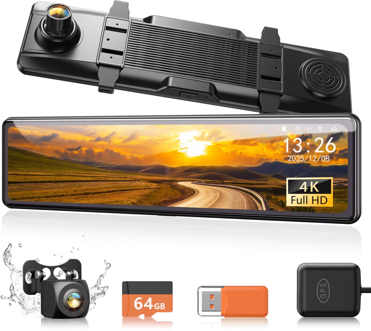SnelShoppen - 4K Dual Dash Cam Achteruitkijkspiegelcamera met 12" Touchscreen, GPS, G-Sensor, Nachtzicht, Parkeersassistentie en GRATIS 64GB SD-Kaart