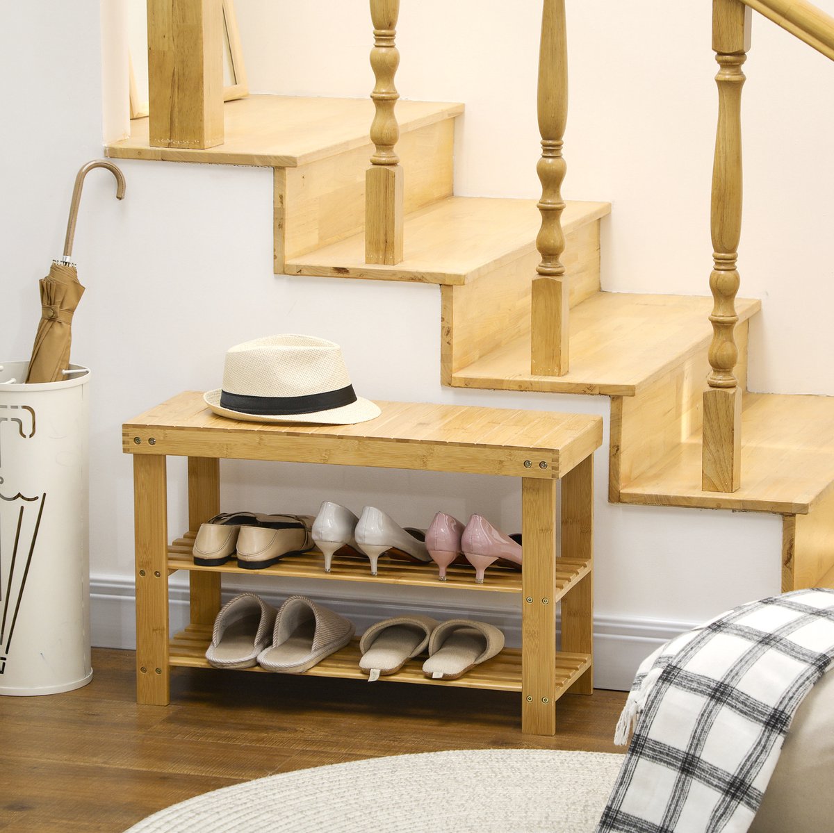 Schoenenbank Stevig Bamboe - 3 Lagen Opbergruimte - 70 X 28 X 45 Cm - Hout - Naturel Hout - Voor Hal En Slaapkamer - Draagkracht 136 Kg