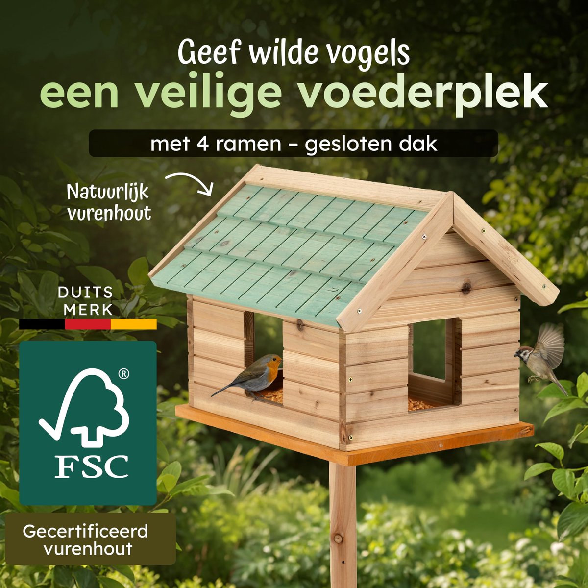 SnelShoppen - Groot Houten Vogelvoederhuisje op Paal 135 cm met Ramen - Weerbestendig FSC Vogelhuis met Groene Schindeldak voor Tuin, Balkon & Terras