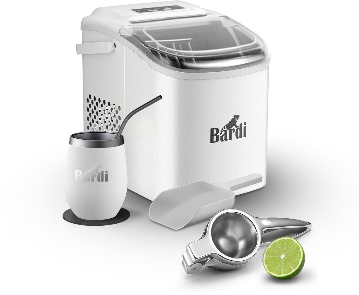 Bardi Deluxe IJsblokjesmachine Set 1,2 Liter - 12KG IJsblokjes in 24 uur - met IJsschep - Met een luxe thermosbeker - Wit - Citruspers RVS