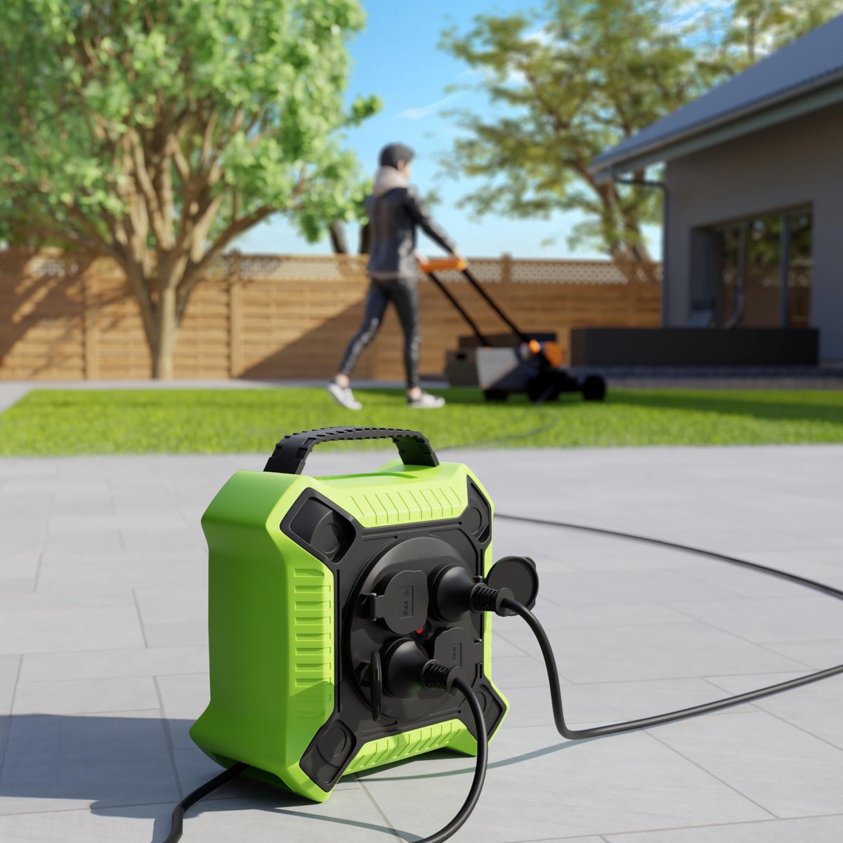 SnelShoppen - Kabelhaspel 10m Outdoor IP44 met 4 Geaarde Stopcontacten, Tuin Kabelhaspel H05RR-F 3G1,5 Zwart/Groen voor Buitengebruik, Perfect voor Ca