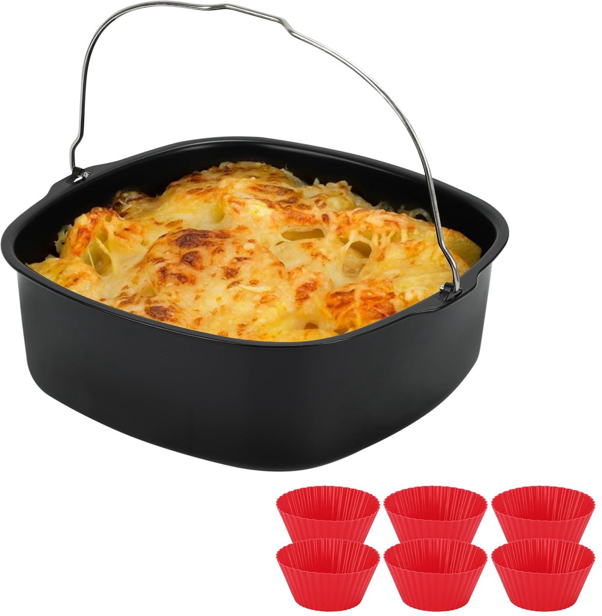 SnelShoppen 8 Vierkante Non Stick Cake Mold Air Fryer Liners Pan RVS Bakplaat Pan Roosteren Mand Bakvormen Friteuse Accessoire met 6 Mokken