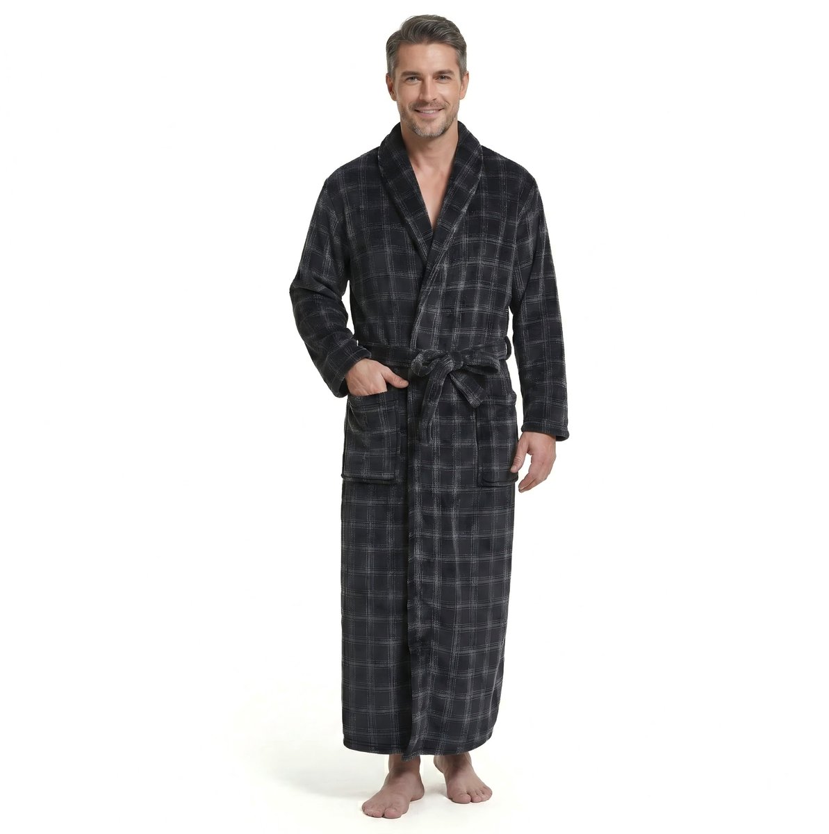 SnelShoppen - Heren Fleece Pluche Geruite Badjas - Warme Lange Spa Badjas - Volledige Lengte - Grote Maten 3X-Large-4X-Large - Zwart & Grijs - Ideaal