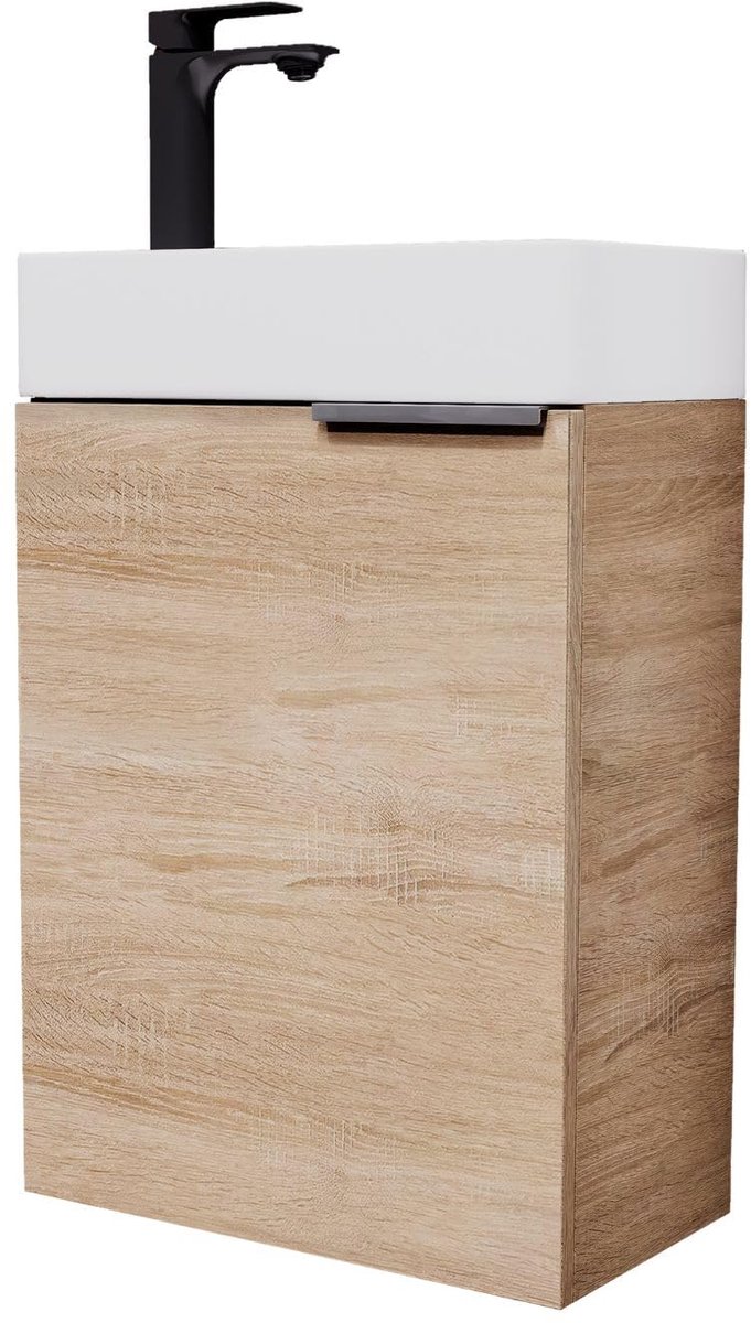 SnelShoppen - Wastafel met Onderkast 40 cm voor Kleine Badkamers - Badkamermeubel met Matzwarte Kraan en Sonoma Eiken - Perfect voor Gastentoilet