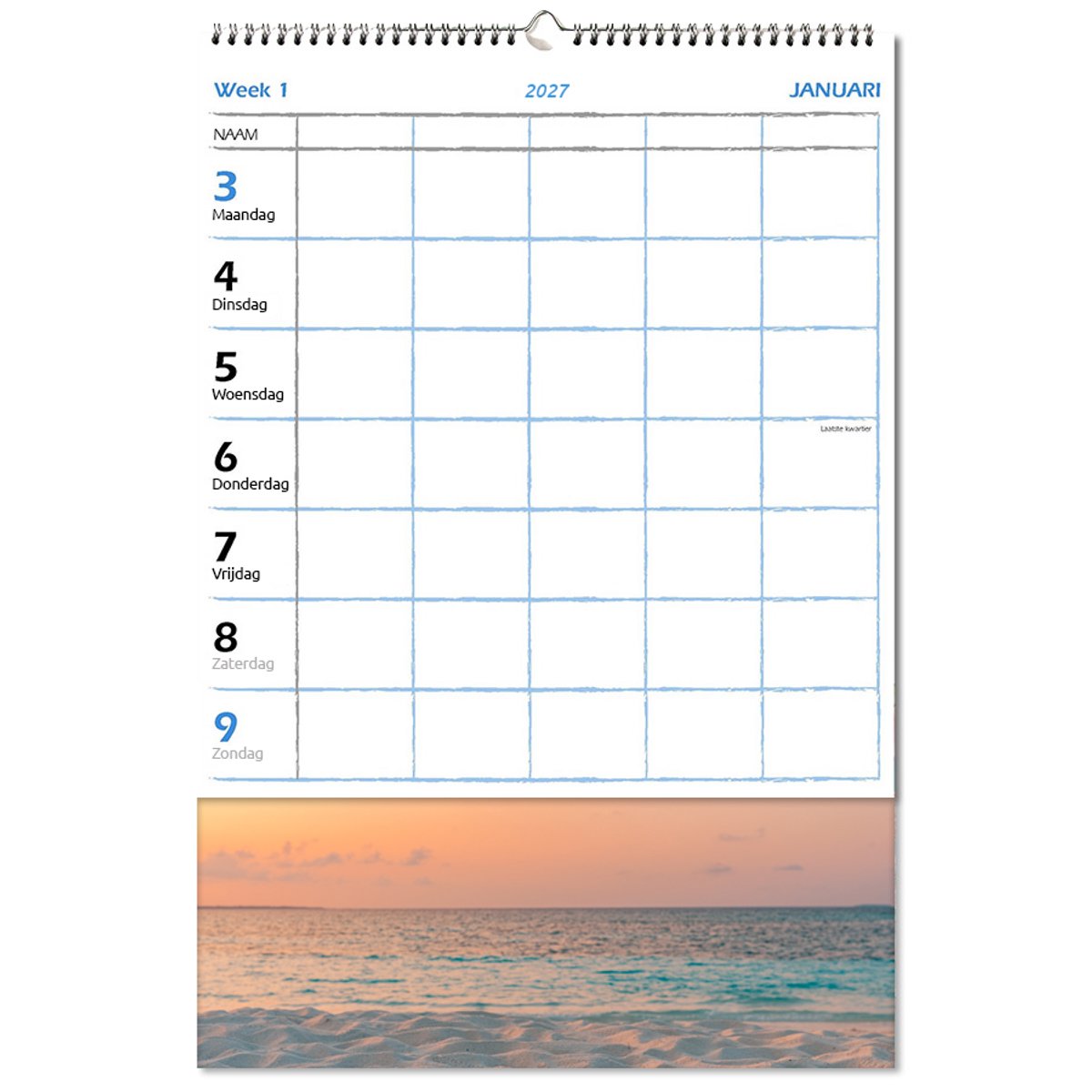 Castelli - Familieplanner op schild 2027- week - formaat 21x31.5cm - schrijfruimte voor 4 personen - ongeveer A4 formaat - dekblad Strand