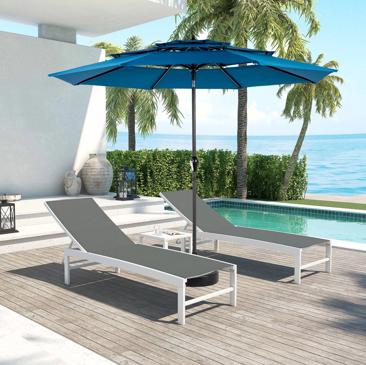Tuinparasol 10ft Met Kantelfunctie En Zwengelmechanisme - 3-Laags Polyester - Staal - Donkerblauw - Voor Tuin Terras En Zwembad - Zonder Voet