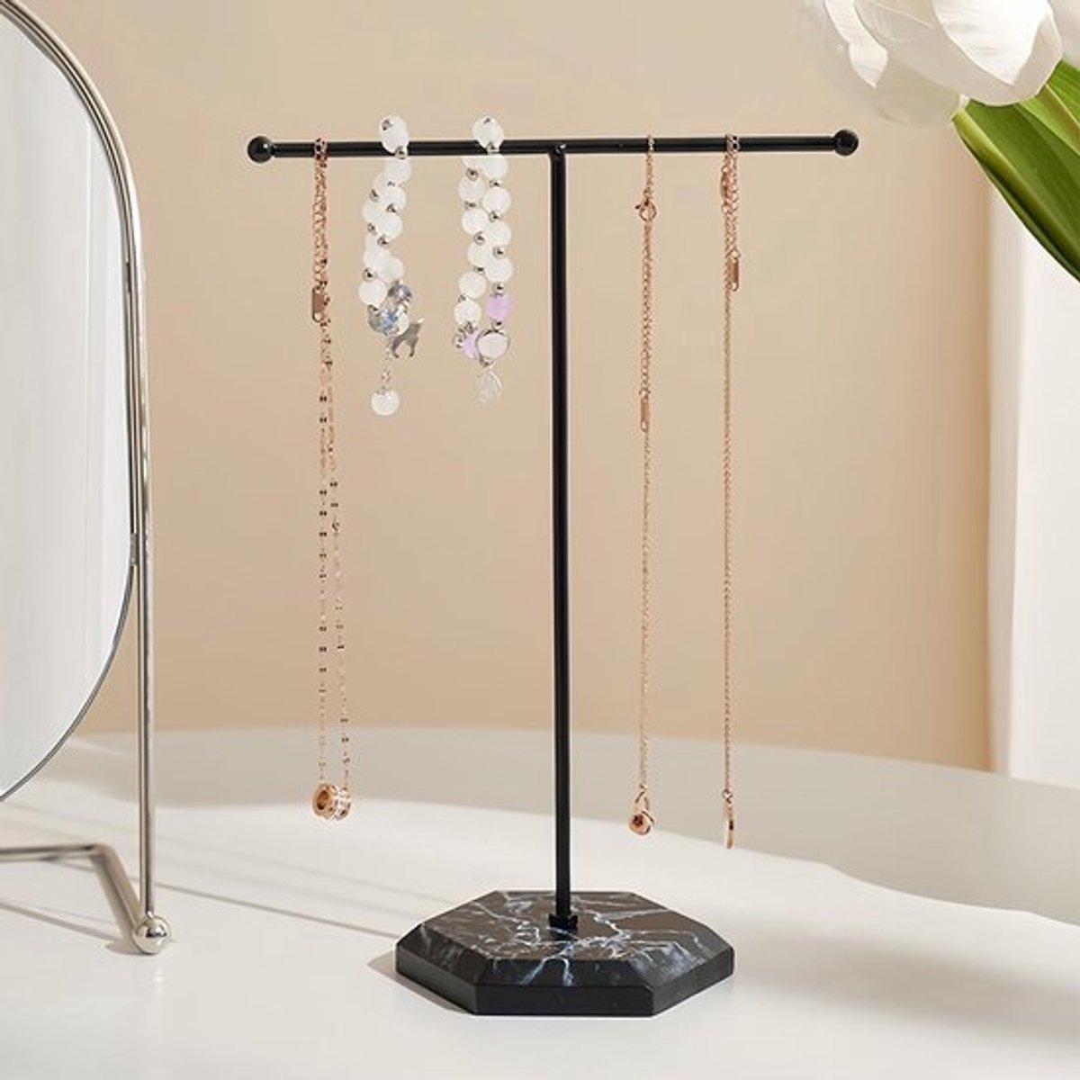 T-Vormige Sieradenstandaard Zwart, 25.5 cm, Kettinghouder Halsketting Standaard voor Hangers, Armbanden, Oorbellen