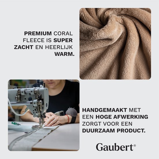 Collage: Detail van zachte, beige fleecestof; naaister aan het werk met naaimachine; tekst 'PREMIUM CORAL FLEECE IS SUPER ZACHT EN HEERLIJK WARM.' en 'HANDGEMAAKT MET EEN HOGE AFWERKING ZORGT VOOR EEN DUURZAAM PRODUCT.'
