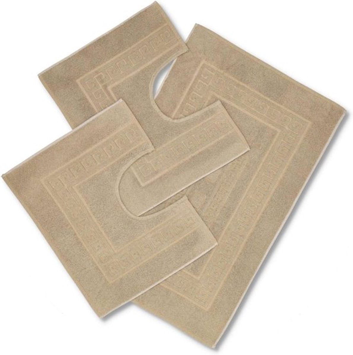 SnelShoppen - Set van 3 Badmatten - Absorberende Katoenen Badkamer Mat - 1 Tapijt 60x90 cm + 2 Ronde Toiletmatten 60x45 cm - Beige - Antislip - Machin