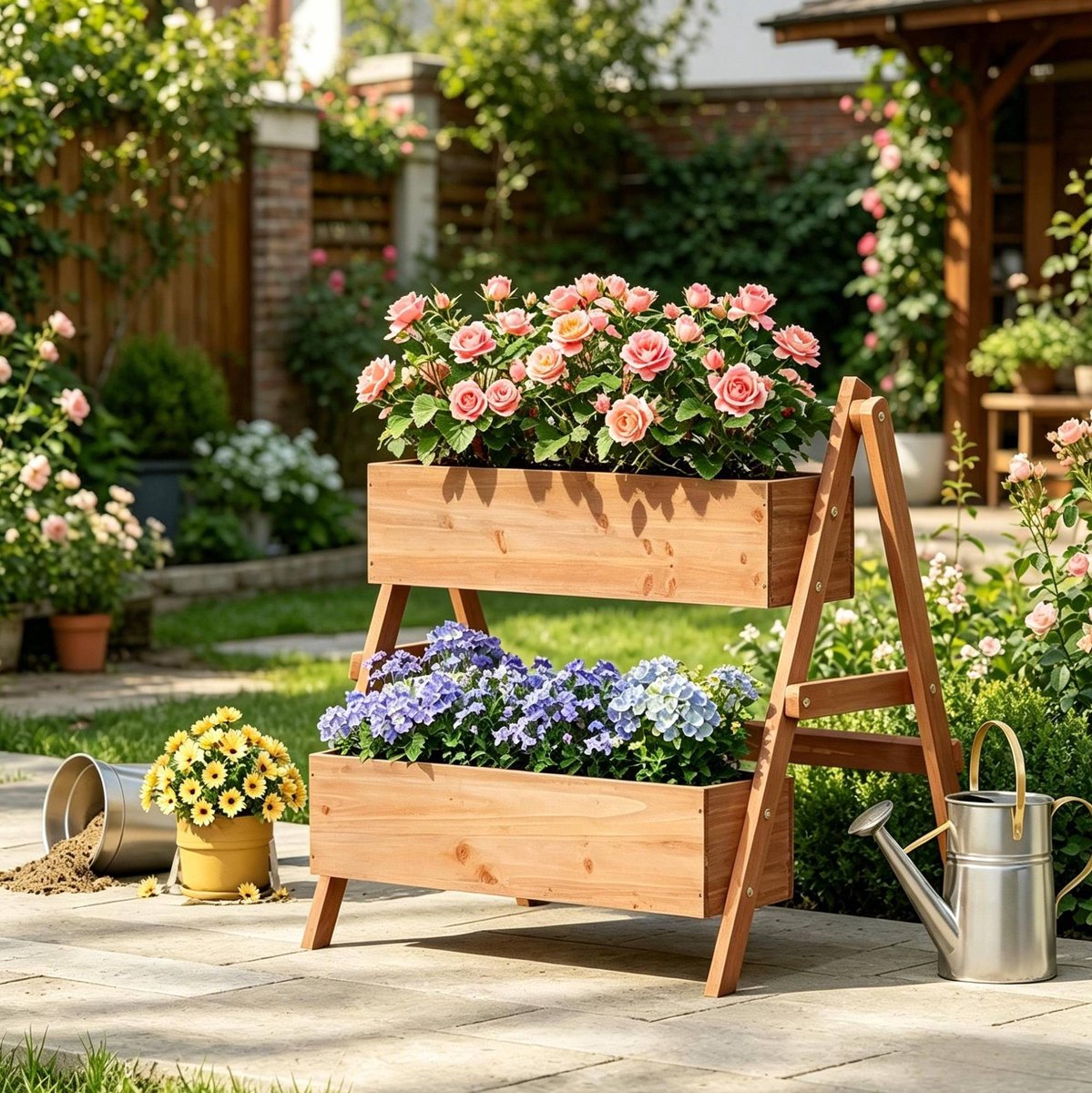 REDOM - Plantenbak - Stappenvormige staande plantenbak met twee niveaus - Met houten steunpoten - Voor binnen & buiten - Hout - Bruin - 80 x 62 x 68 cm