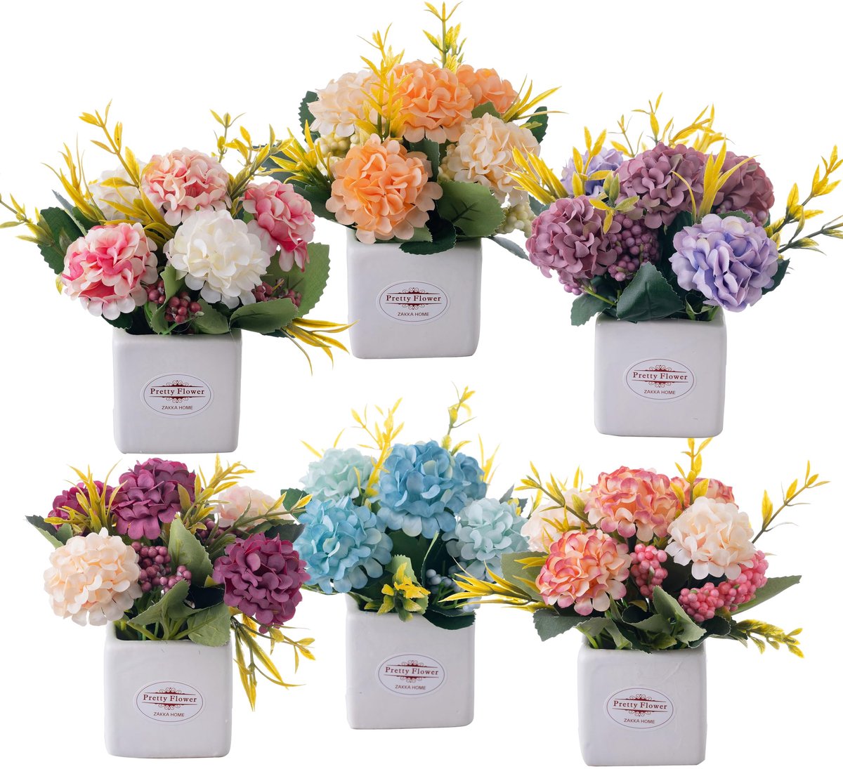 SnelShoppen - 6 Stuks Kunstbloemen Faux Hortensia's in Keramische Pot - Kleine Lentebloemen Tafeldecoraties voor Thuis, Kantoor en Eettafel