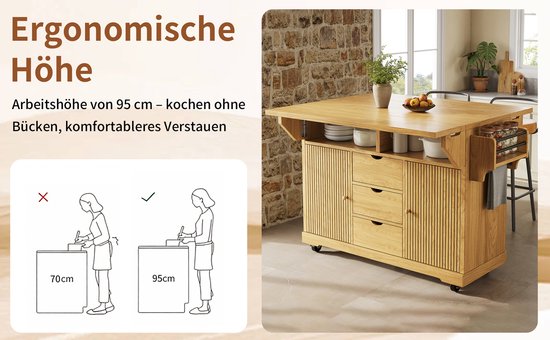 OKWISH Keukeneiland - Met Uitklapbare Zijtafels En 3 Lades - Verrijdbaar Voor Keuken En Terras - MDF Bruin - 142,5 x 80 x 95 cm van okwish — afbeelding 5