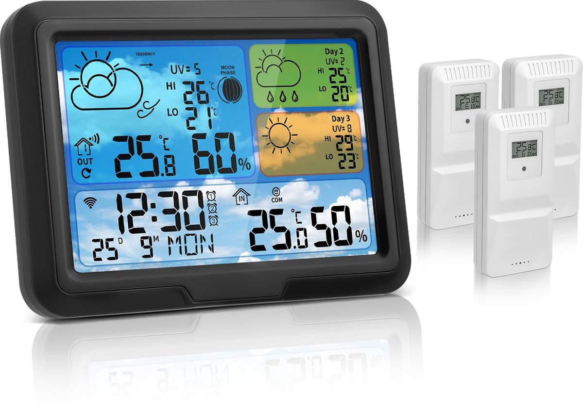 SnelShoppen - Draadloos Weerstation Wifi met 3 Buitensensoren, Weersvoorspellingen, App Tuya & Smartlife, Digitaal Kleurendisplay, Batterijen & Netvoe