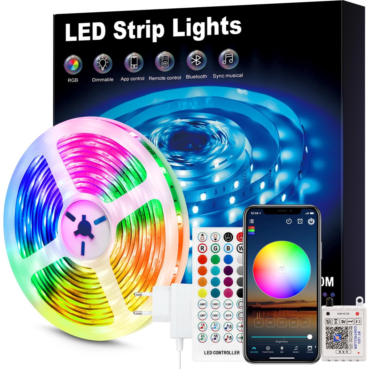 SnelShoppen - Beaeet Ledstrip 10m 5050 RGB, LED Strip met Afstandsbediening & Bluetooth App, Perfect voor Slaapkamer, Feest, Bruiloft, Kerstmis, Kleur