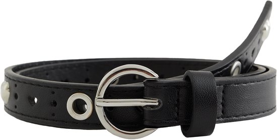 Gedrapeerde zwarte riem met ronde gesp, hartvormige studs en metalen ringen.