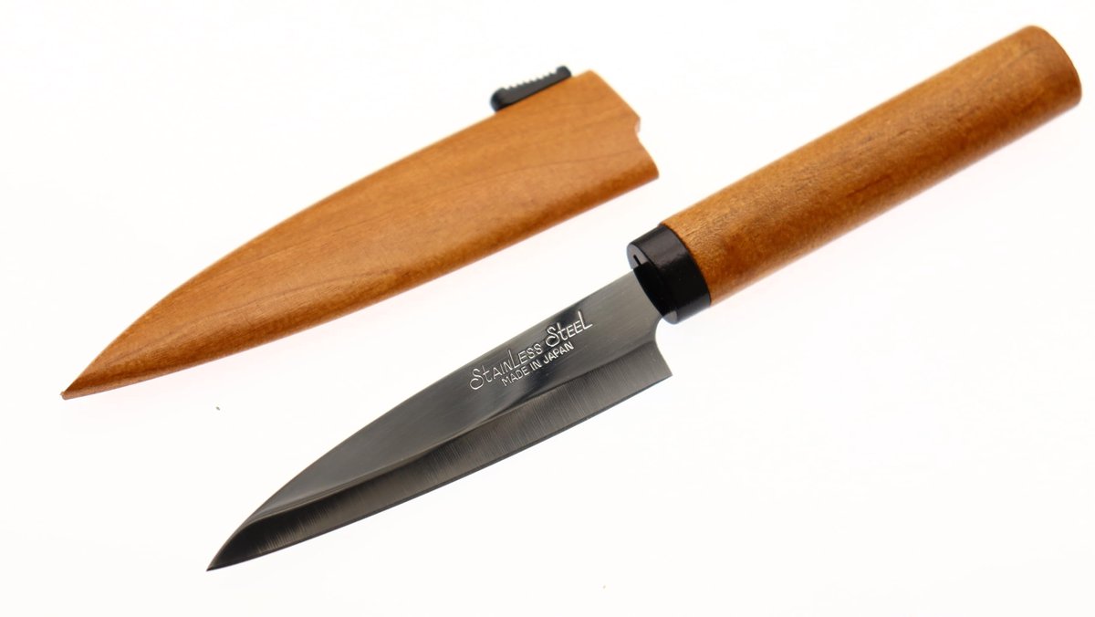 Dailygoods- Keukenmes 9 cm - Japanse Mes - Houten Schede - Roestvrij Staal - Ideaal voor Groenten/Fruit - Totale Lengte 19,5 cm - Snijmes