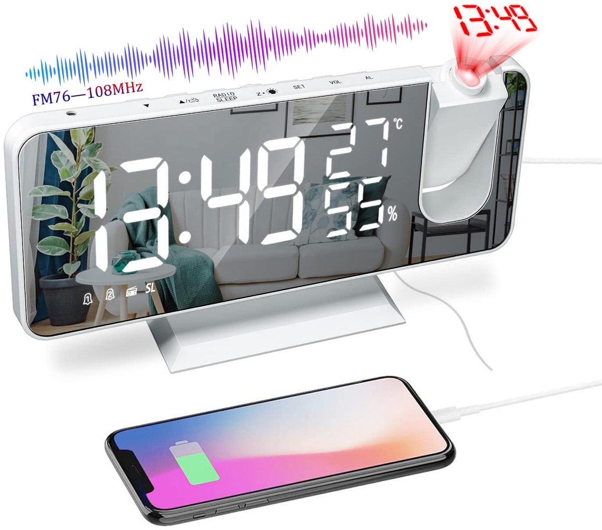 Dailygoods- Projectiewekker digitale wekker - 7 inch LED scherm - FM-radio - dubbel alarm - USB-poort - 180° projectie met 3 lampen