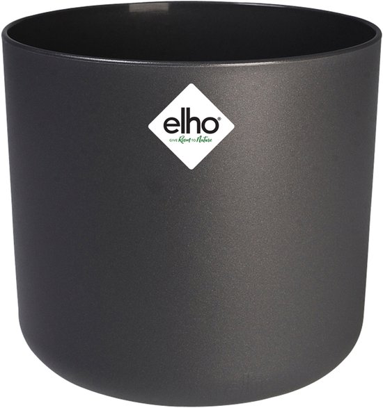 Donkergrijze, cilindrische bloempot van Elho met logo, 18cm breed en 17cm hoog.