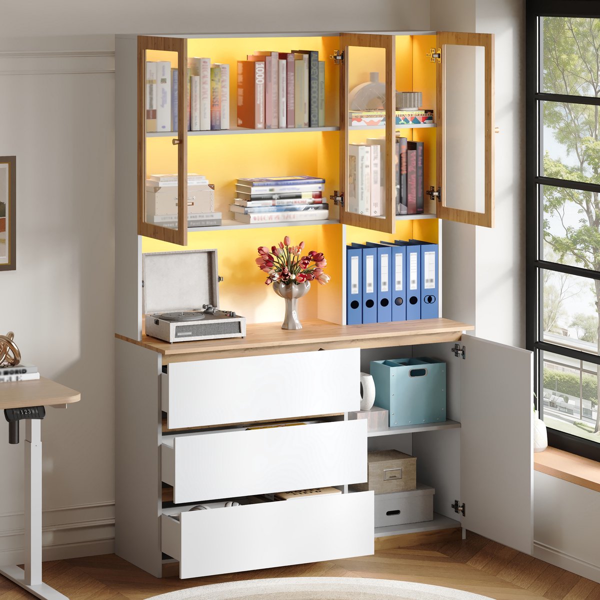 Glazen vitrinekast met LED-verlichting - met verlengd werkblad - wit en houtkleur - aanrecht en boekenplank