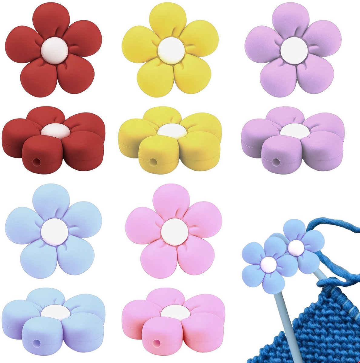 Dailygoods- Breinaaldstoppers 10 Stuks - Siliconen Bloemen - Kleurrijk Design - Hoogwaardige Kwaliteit - Antislip - Geschikt voor Breien/Weven - Naaldstoppers