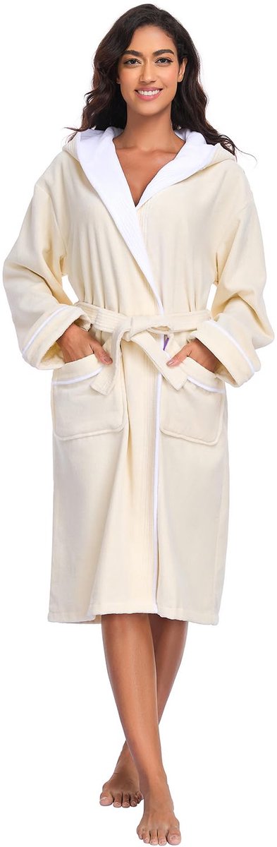 SnelShoppen - Dames Badjas Badstof met Capuchon - 100% Katoen Velours Ochtendjas - Beige - Maat L - Luxe en Comfortabele Badjas voor Thuisgebruik