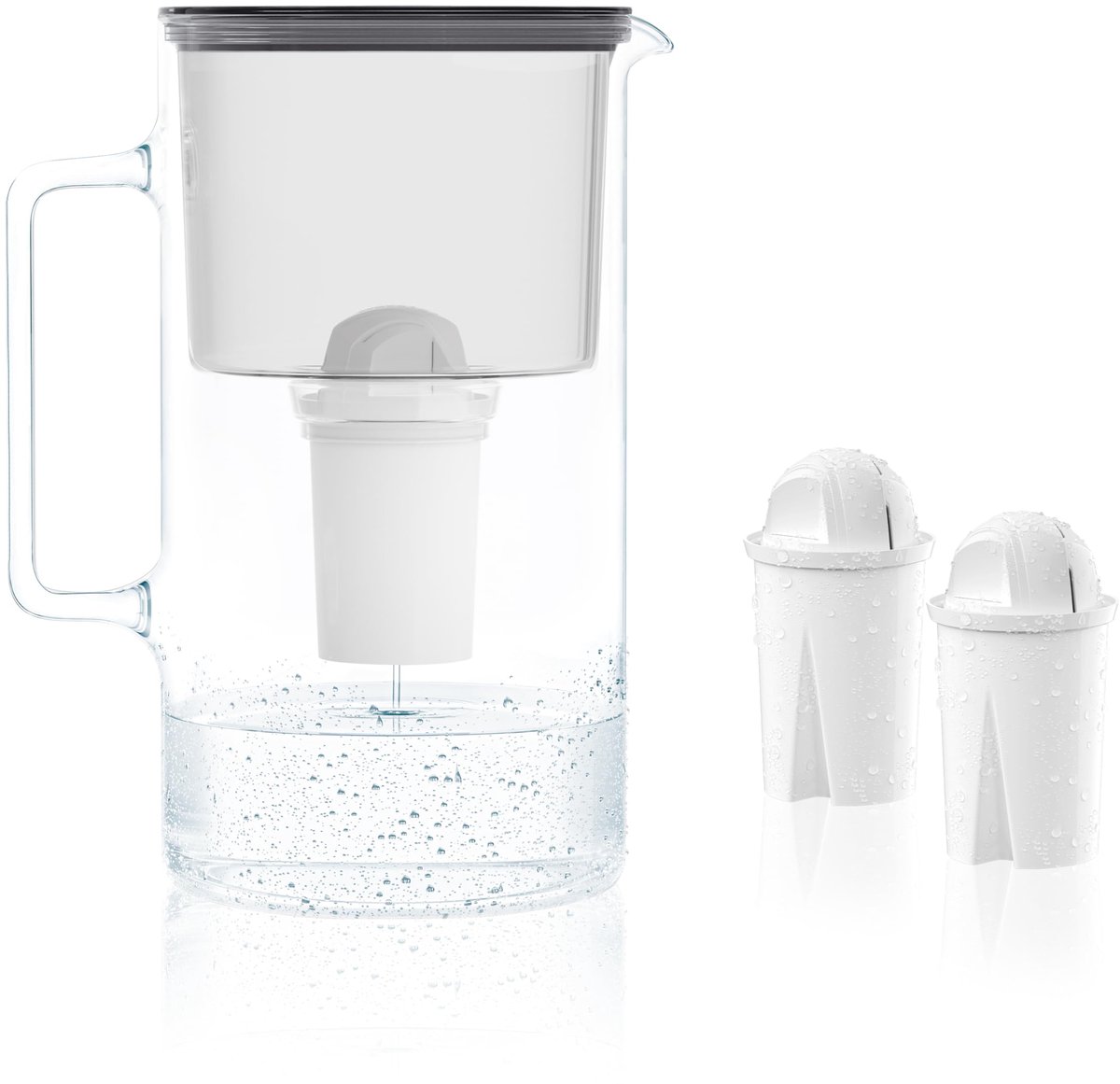 SnelShoppen - Waterfilterkan Glas 3L Crystaline met 2 Filters AQUA CLASSIC - Drinkwaterfilter voor Gezond Drinkwater - Zwarte Waterkaraf voor Keuken e
