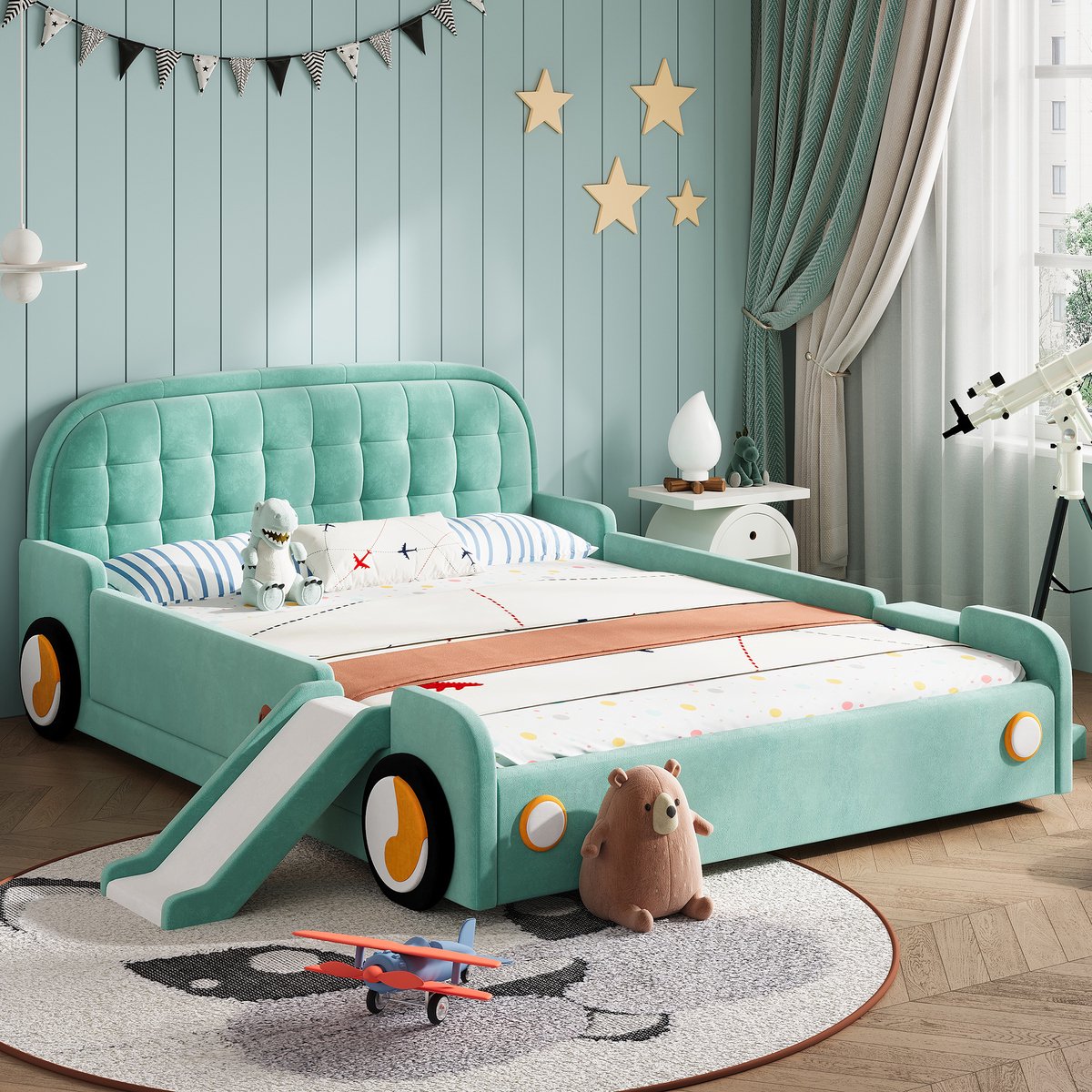 Kinderbed Auto Met Glijbaan En Trap 140x200 Cm - Speelbed Met Valbeveiliging - Links Of Rechts Monteerbaar - Zacht Velvet - Blauwgroen - Zonder Matras