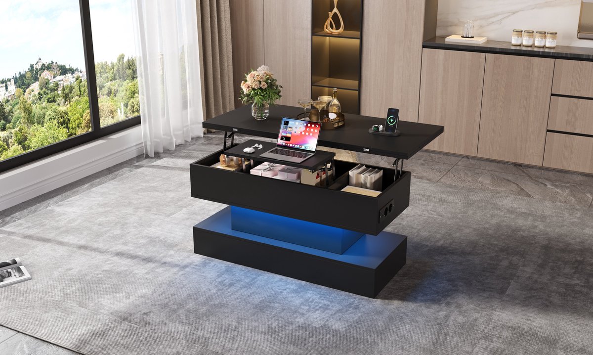 STILVORA Salontafel - Hoogteverstelbaar Met LED, Stopcontact En Opbergruimte - Modern Voor Woonkamer En Thuiswerk - Spaanplaat - Zwart - 100x50x51,5 Cm