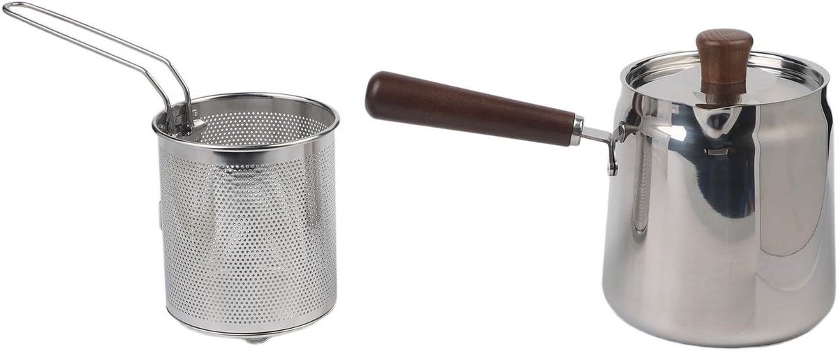 Friteuse Roestvrij Staal - Oliepot Frituren - Thuis Koken - Met Walnoot Handvat - 1.5 L - Zilver